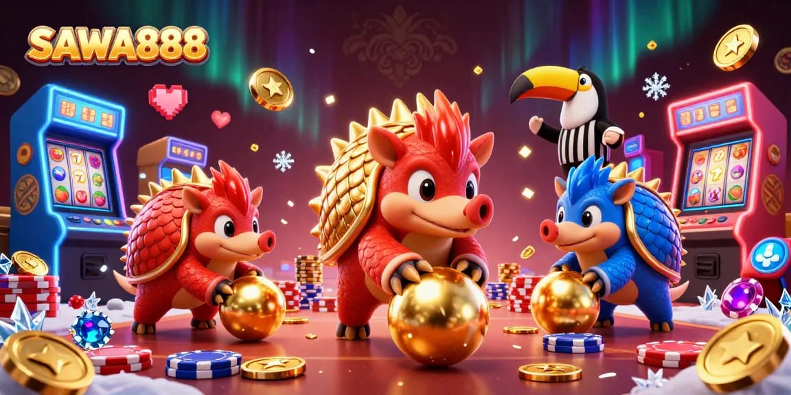 SAWA888 offers thrilling slot games with rival pangolins competing amidst colorful casino elements.
