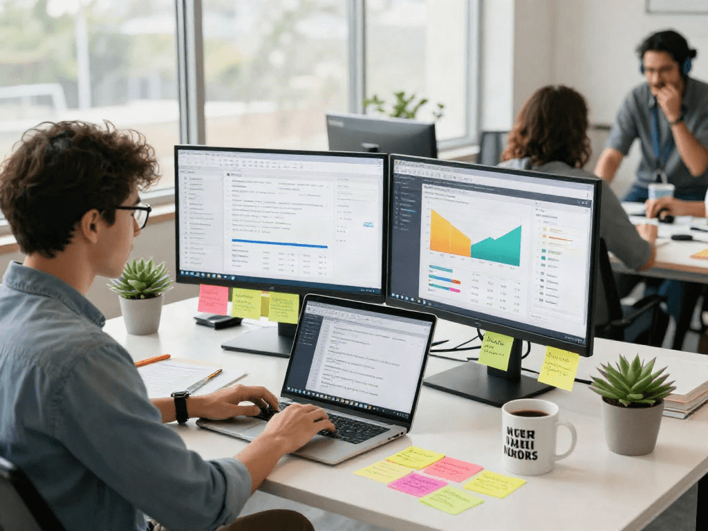 Marketing strategist analyzing spicy ai strategies in a vibrant digital workspace