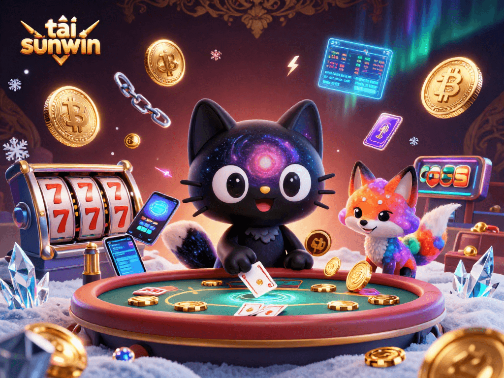 Play and win with tải sunwin in this vibrant cosmic casino scene featuring a black hole cat.
