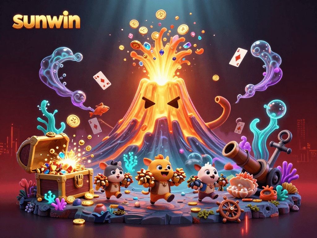 Engage with sunwin's thrilling casino experience as the golden volcano erupts treasure, surrounded by vibrant gaming elements.