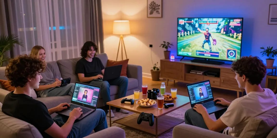 Engaged gamers enjoying a variety of porn games online in a vibrant living room.