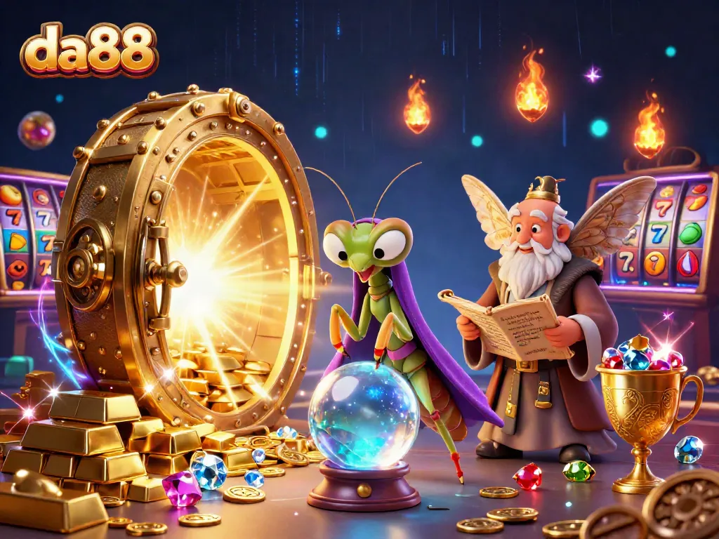 Win at da88 as the cartoon fortune teller reveals secrets of wealth and luck in a magical casino scene.