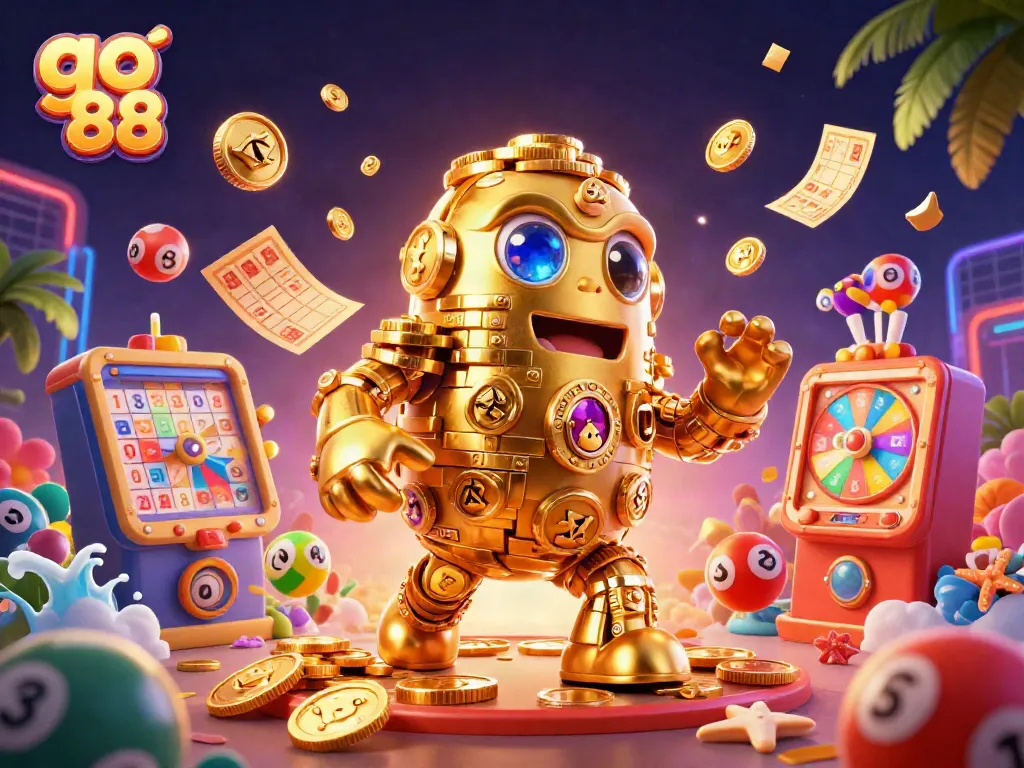 Experience the excitement of go 88 with a vibrant 3D casino scene filled with golden golems and dynamic gaming elements.
