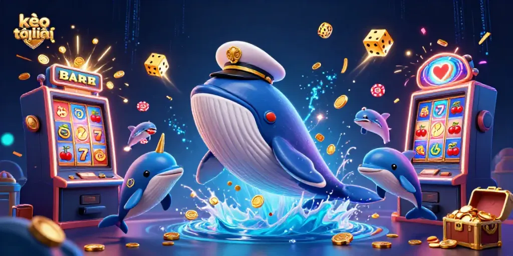 Experience thrilling kèo trực tuyến excitement with a 3D whale and treasure-filled casino scene.