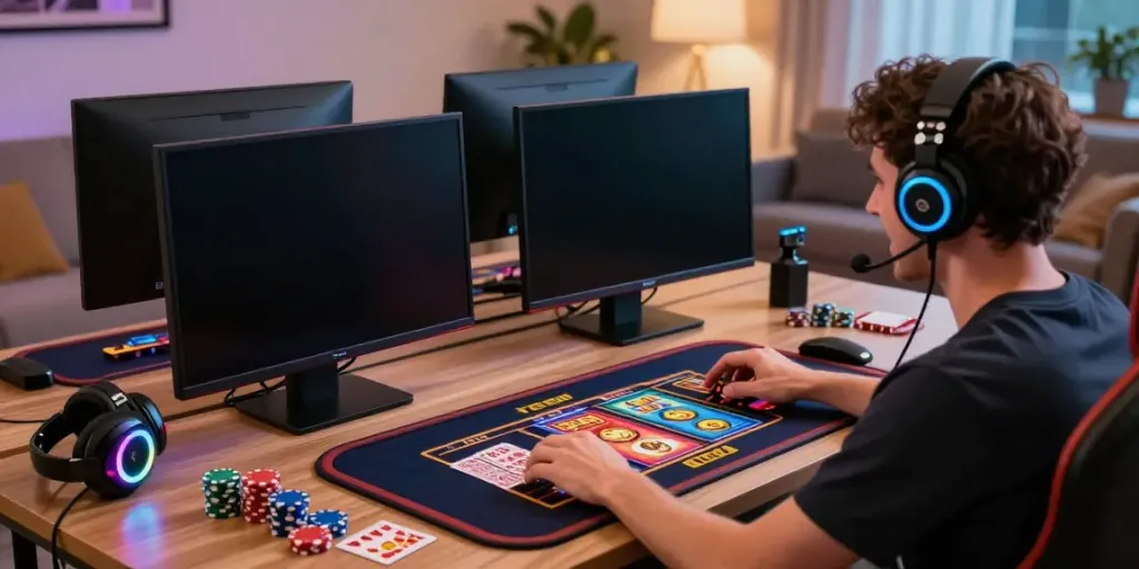 Person enjoying gameplay at credit card casinos with a vibrant monitor display in a cozy setting.