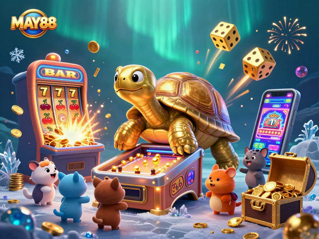 MAY88 offers exciting gameplay with a golden tortoise and a jackpot explosion in a vibrant casino scene.