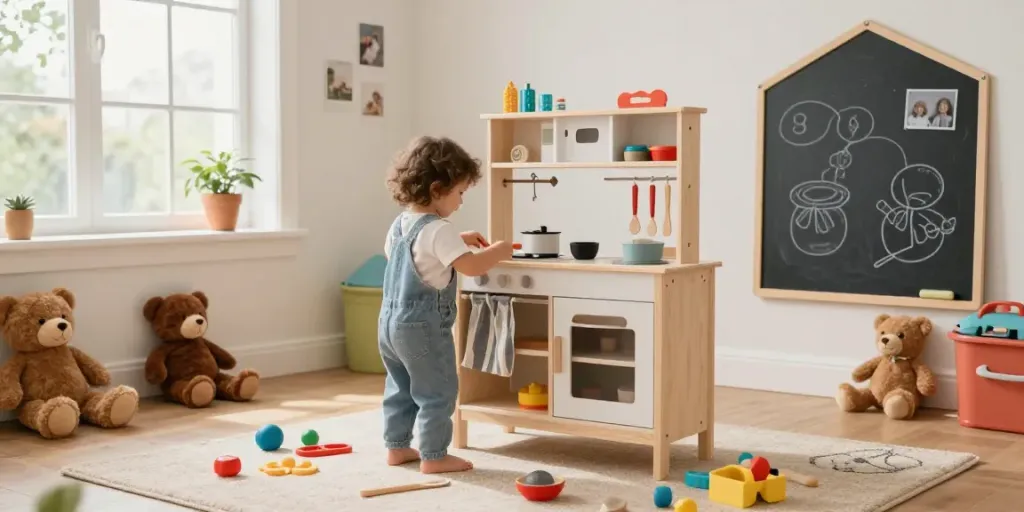 Wooden kitchen playset inspiring imaginative cooking adventures for children in a sunny playroom.