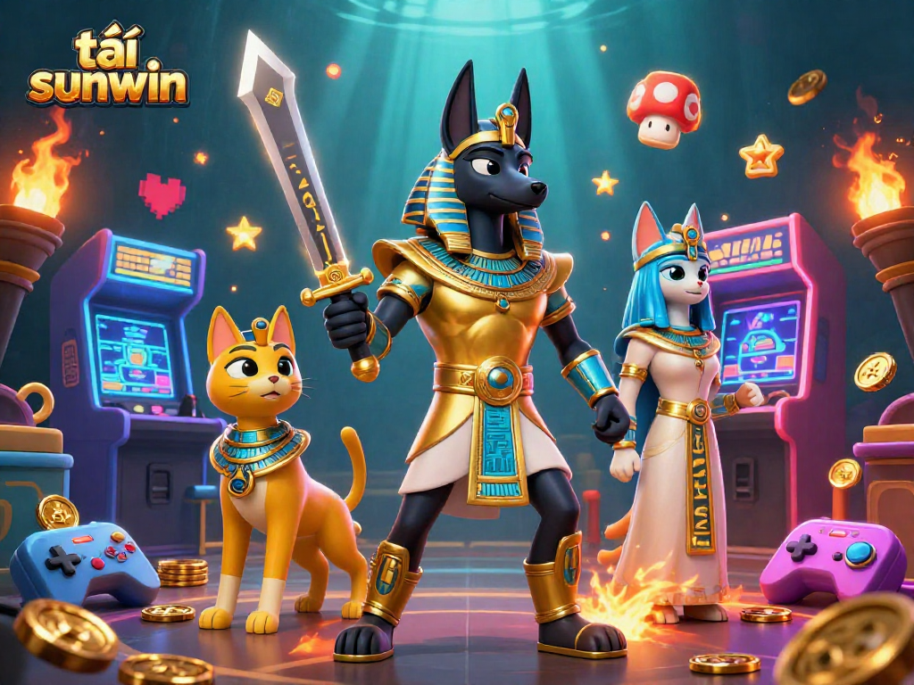 Engage in thrilling gameplay with tải sunwin, featuring an ancient Egyptian warrior and vibrant gaming elements.