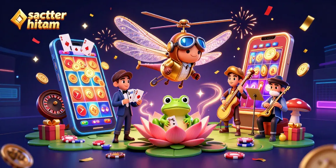 Engage in scatter hitam slots with vibrant 3D characters and casino elements surrounded by excitement and action.