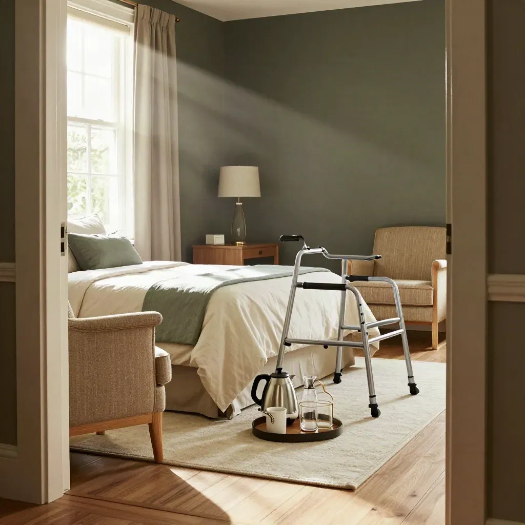 Staged assisted-living bedroom with armchair, walking frame, lamp and kettle tray in warm window light.