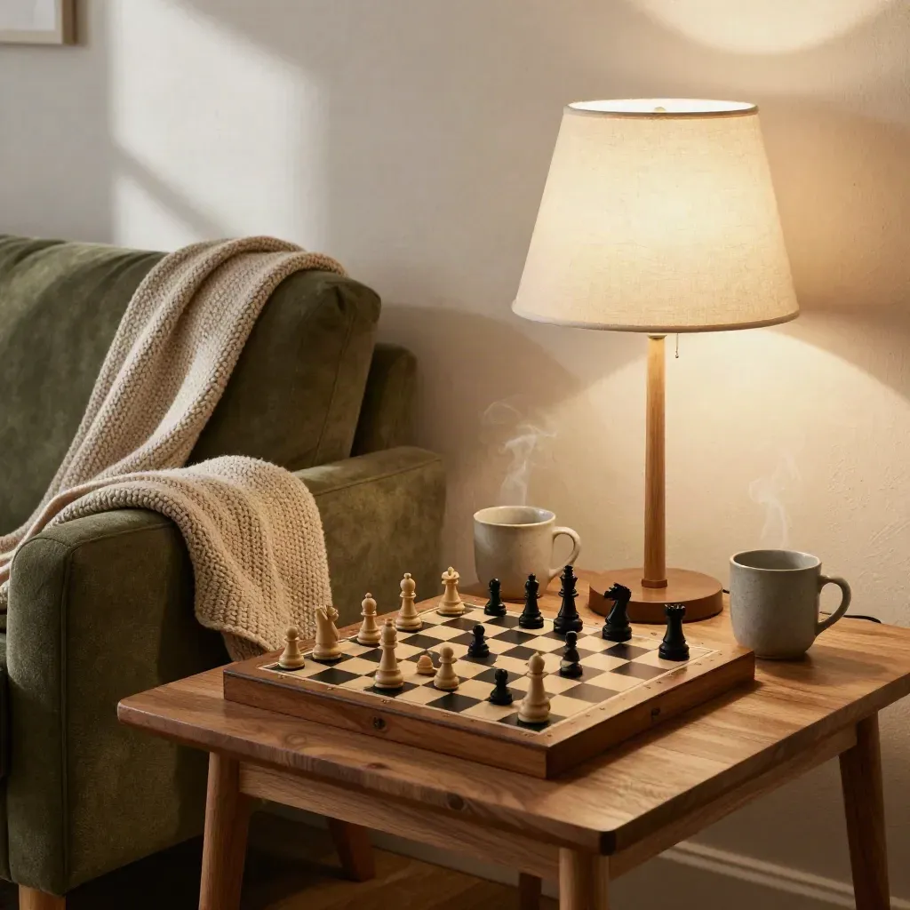 Chessboard and mugs on a side table with a knitted throw and lamp in a calm lounge.