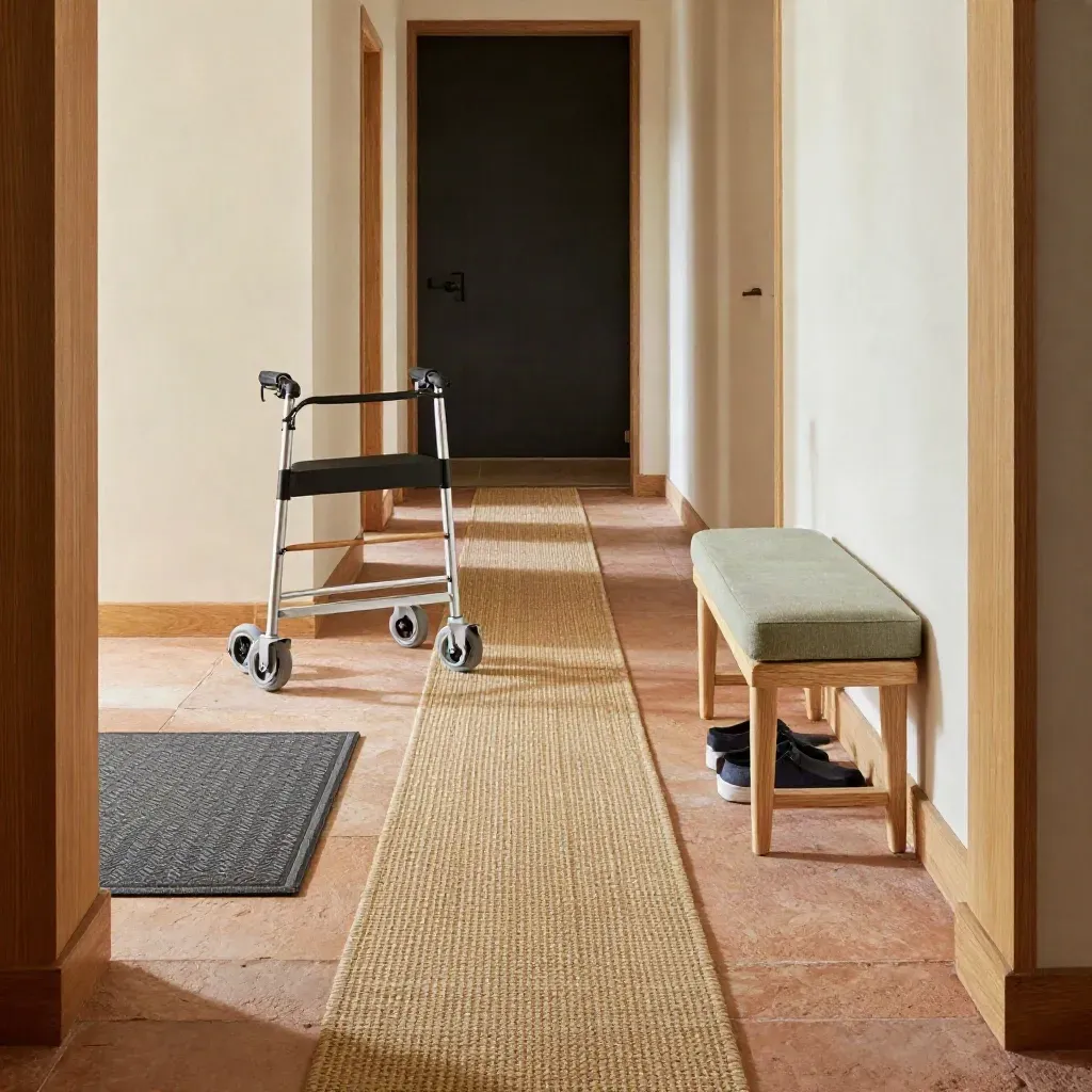 Rollator, cane, runner and shoe bench in a bright hallway