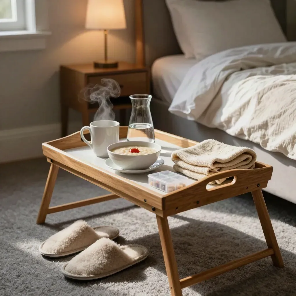 Recovery nook with tray, steam, water jug, pill organiser, slippers and folded blanket by the bed.