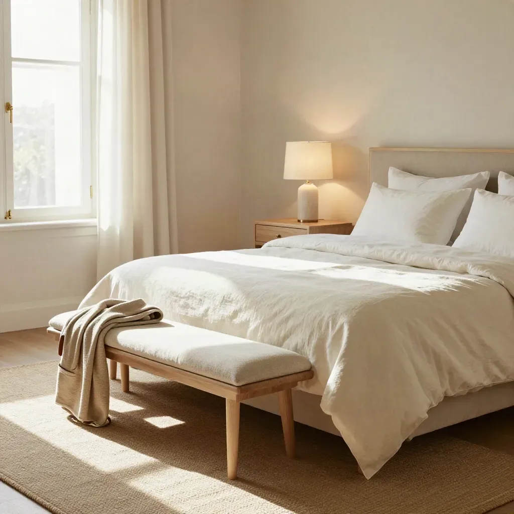 Empty guest bedroom with fresh linen, lamp, folded robe, overnight bag in soft daylight.