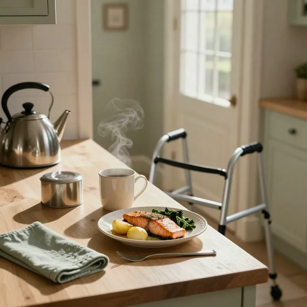 Kitchen counter with supper, mugs, tin and rollator in a calm care home evening.