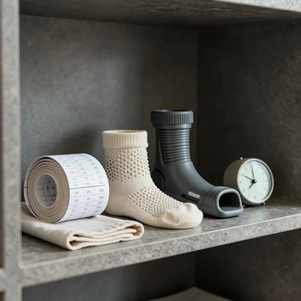 Care essentials arranged on a stone shelf in a dim home care alcove