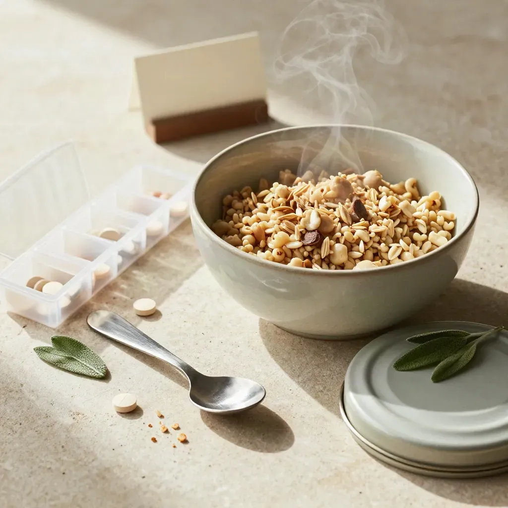 Overhead still life of meal prep items with pill organiser, bowl, spoon and lunch tin