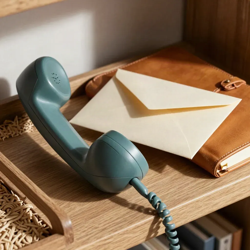 Muted teal handset cradle, sealed envelope, leather notebook and woven tray liner in a care office close-up.