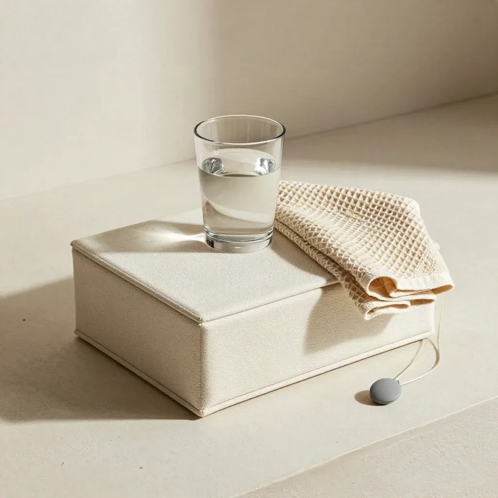 Overhead bedside care caddy with pill organiser, tumbler, towel and call pendant on pale plaster.