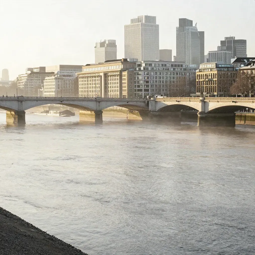 London skyline over the Thames in dawn mist, bridges and terraces high in frame