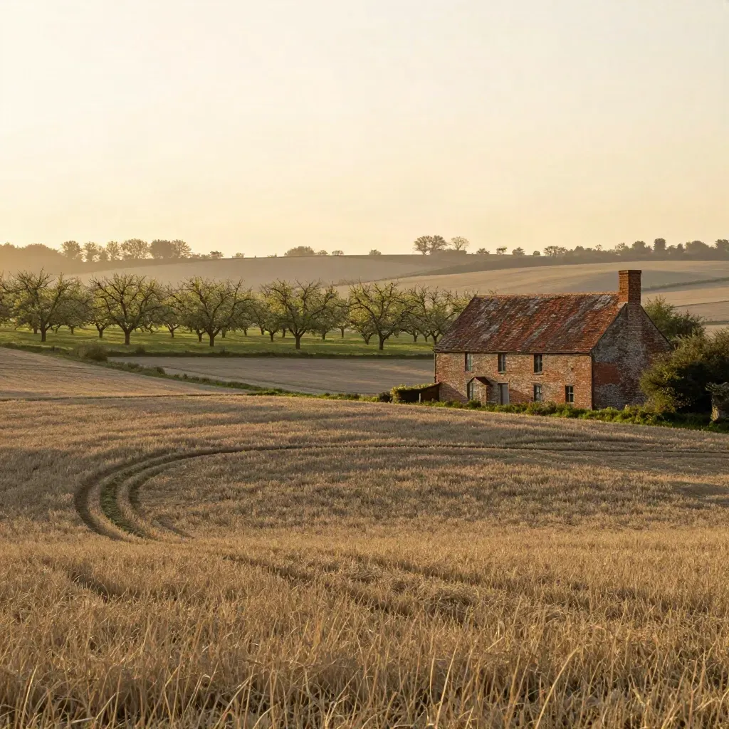 Kent hop fields, oast roof and orchard trees in golden rural haze at sunset