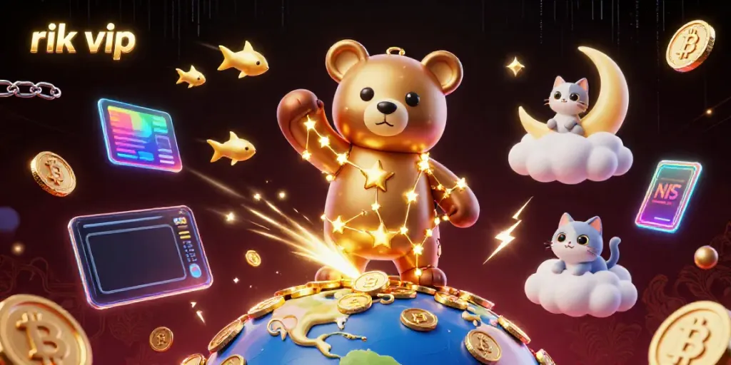 Visualize fun at rik vip with a constellation bear scooping up coins amidst a vibrant casino scene.