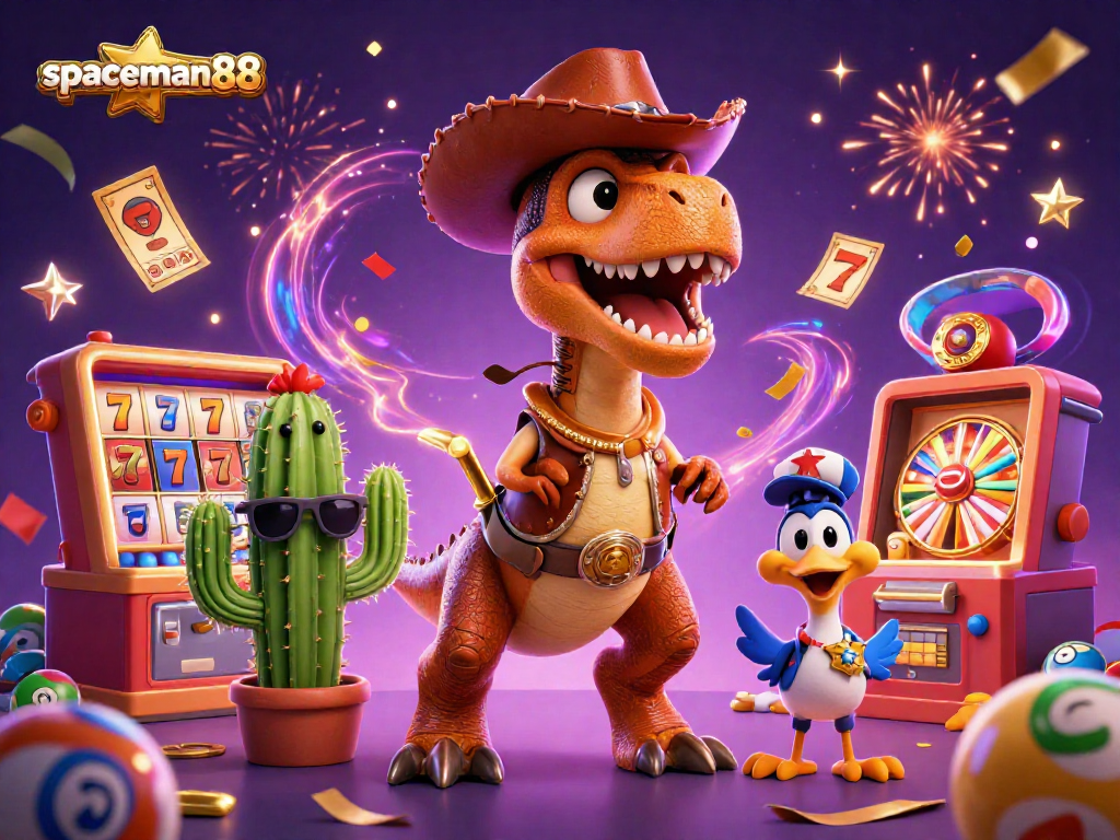 Spin to win with spaceman88 in a vibrant 3D casino scene filled with lucky symbols and characters.