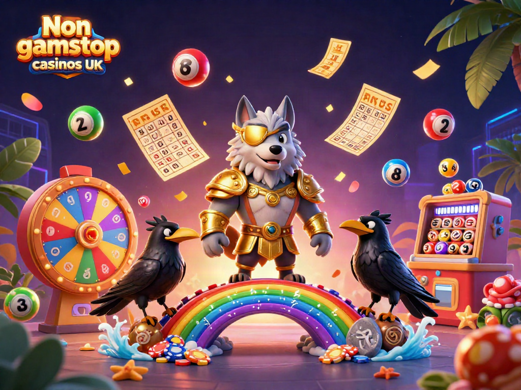 Engage with top non Gamstop casinos UK through an exciting 3D illustration featuring slot games and vibrant casino elements.